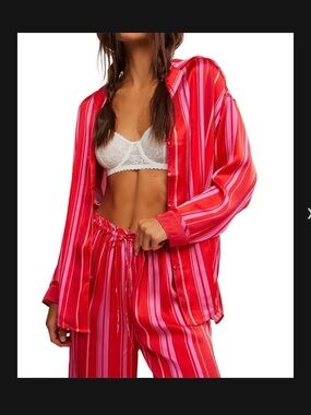 Free People Red and Pink Striped Satin Pajama Set